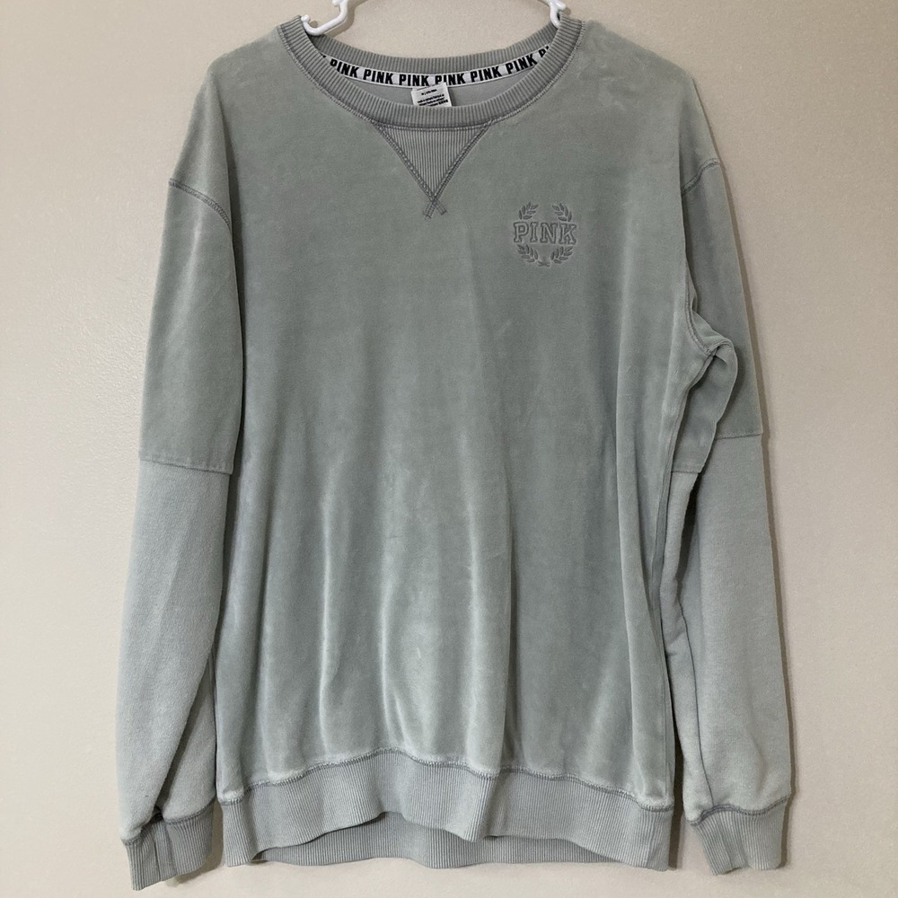 Victoria Secret PINK Womens Gray Velour Long Sleeve Pullover Sweatshirt Medium M